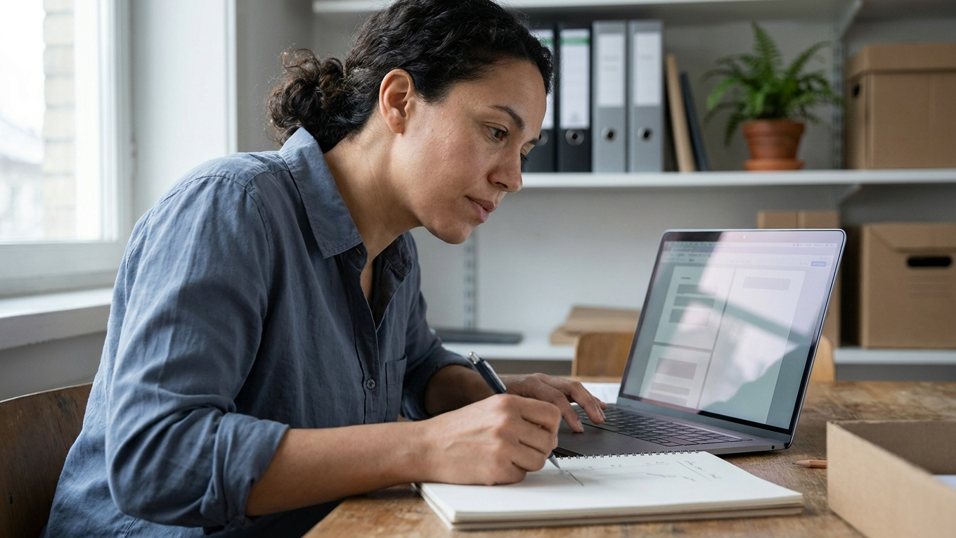 Mulher consultando um notebook enquanto faz anotações em um caderno, em um escritório.