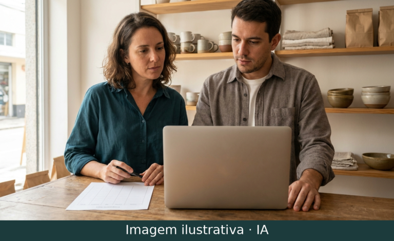 Cena ilustrativa de duas pessoas em um pequeno comércio, observando um notebook ao lado de uma ficha de comparação.
