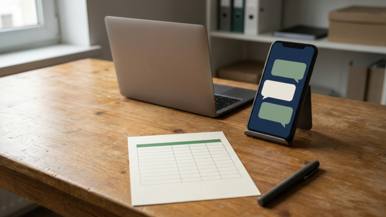 Mesa de trabalho com notebook visto por trás, celular exibindo balões de conversa vazios e uma folha com tabela em branco para planejamento de custos.