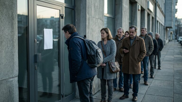 Fila de adultos com mochilas diante de porta de vidro fechada com um papel colado; o primeiro da fila confere o aviso