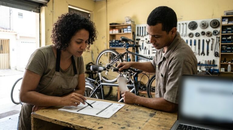 Dona de uma oficina de bicicletas revisa com um funcionário as informações de recebimento e retirada de um serviço.