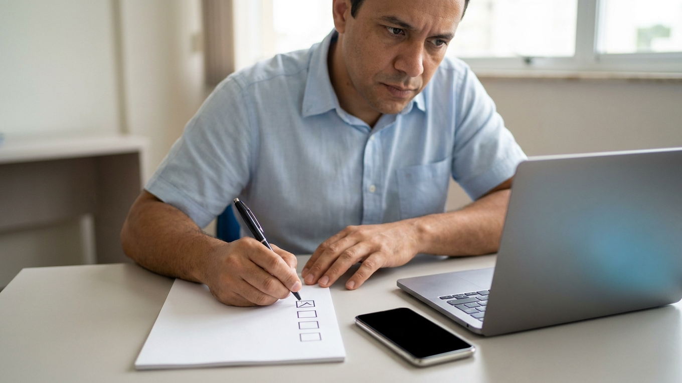 Homem de camisa azul-clara marca uma lista de verificação em papel ao lado de um notebook e um celular sobre a mesa.