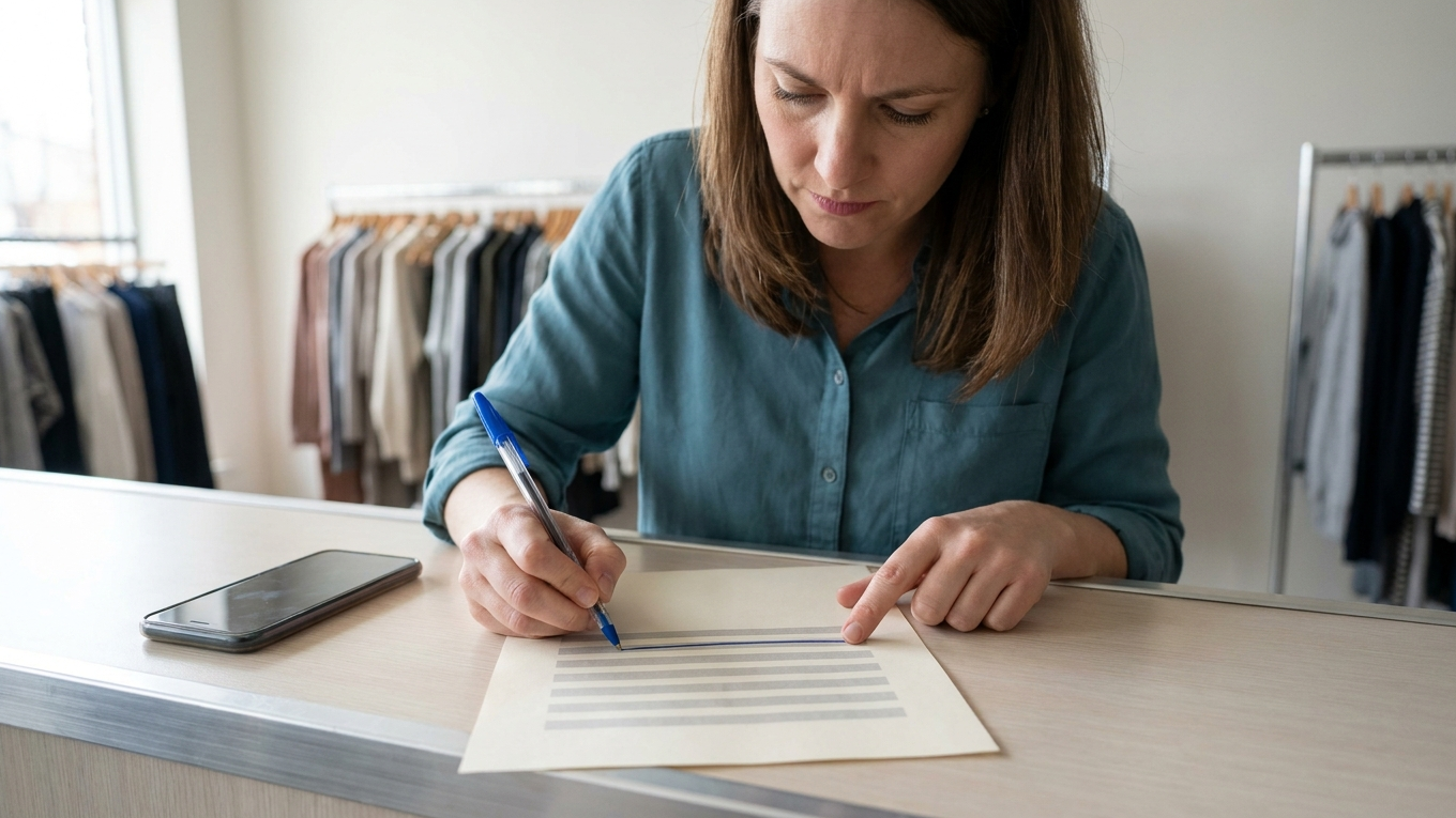 Mulher de camisa azul-petróleo atrás do balcão de uma pequena loja de roupas, concentrada, conferindo um orçamento impresso de uma página: a mão direita segura uma caneta azul e traça uma linha azul sobre uma das linhas cinzas do papel; o dedo indicador esquerdo apoia a folha ao lado. Um celular com a tela apagada está sobre o balcão à esquerda; ao fundo, araras de roupas desfocadas e luz natural de janela. Nenhum texto legível no papel ou na tela.